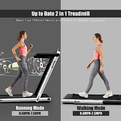 Woman using a 2-in-1 treadmill in running and walking modes.