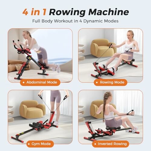 Four modes of a 4-in-1 rowing machine for full body workout.