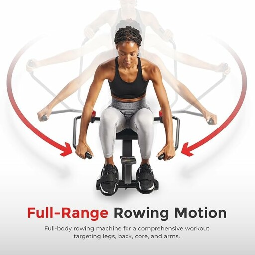Compact rowing machine with ergonomic seat and 350 lb max user weight.