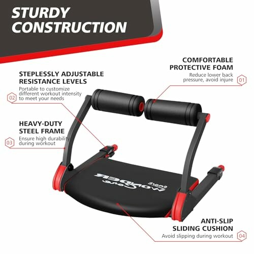 Features of an ab crunch machine including adjustable resistance, steel frame, protective foam, and anti-slip cushion.