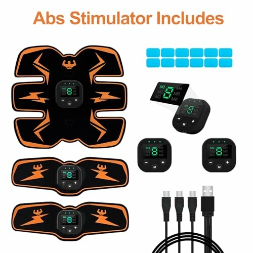 Abs stimulator kit with pads, controllers, and USB cables.