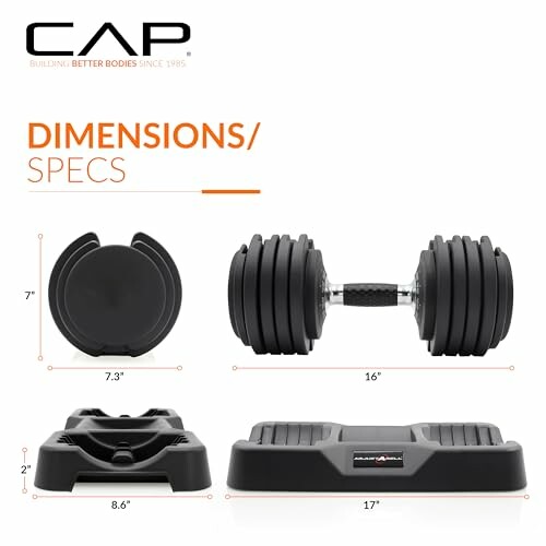 Adjustable dumbbell with dimensions and stand.