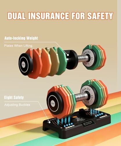 Adjustable dumbbells with dual safety features and colorful weight plates.