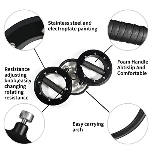 Adjustable exercise wheel features including foam handle, resistance knob, stainless steel, easy carrying.