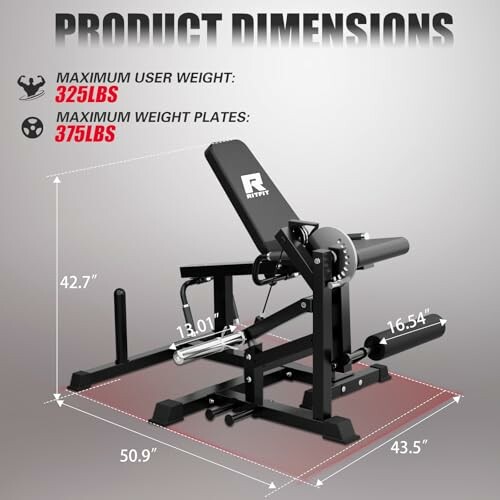Adjustable fitness bench with dimensions and weight limits.