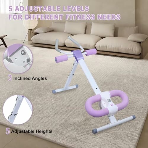 Adjustable fitness equipment with purple padding on a carpeted floor.