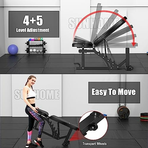 Adjustable gym bench with level adjustment and transport wheels.