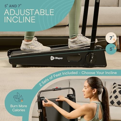 Treadmill with adjustable incline and interchangeable feet for exercise.