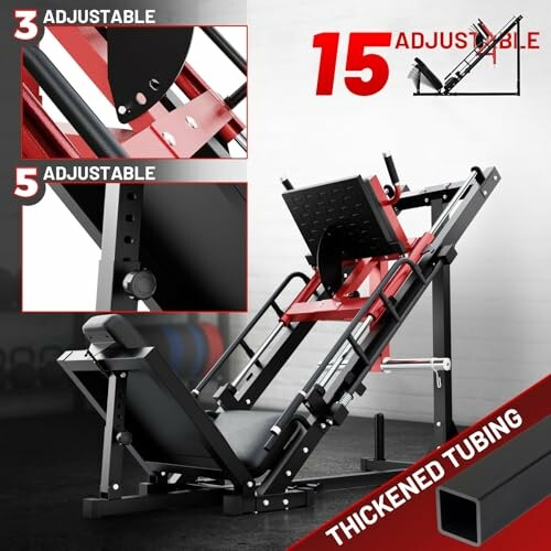 Adjustable leg press machine with thickened tubing and multiple adjustments.