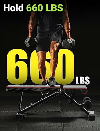 Person stepping on a weight bench holding dumbbells, text 'Hold 660 LBS'.