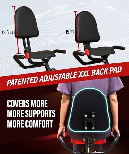 Chair with patented adjustable XXL back pad and measurements.