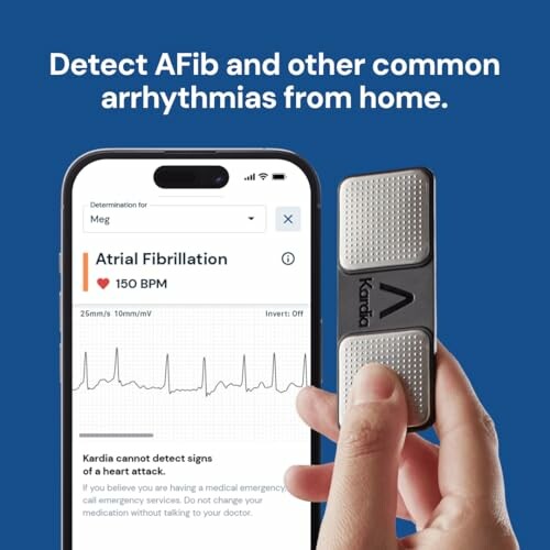 AFib detection device with smartphone displaying heart rate.