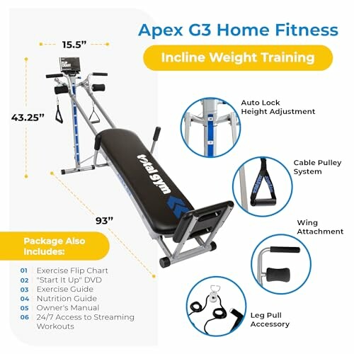Apex G3 home fitness equipment with incline weight training features.