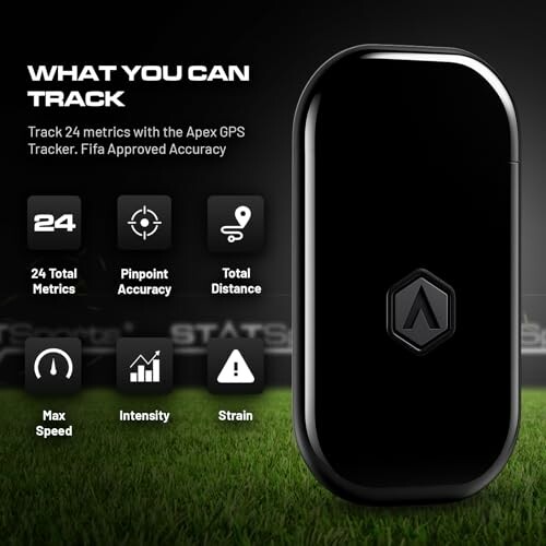 Apex GPS Tracker with features: 24 metrics, pinpoint accuracy, total distance, max speed, intensity, strain.
