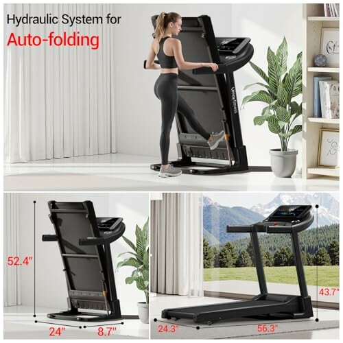 Collage of a treadmill with auto-folding feature, showing dimensions and usage.