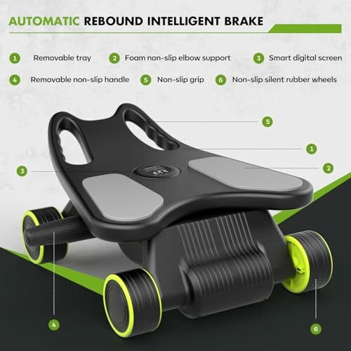 Black and green automatic rebound intelligent brake with features labeled.