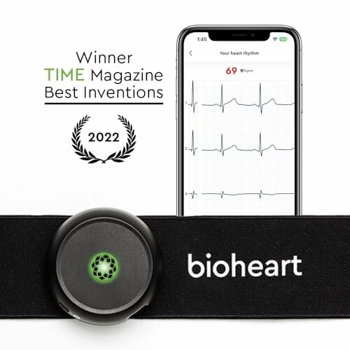 Bioheart monitor with smartphone display showing heart rhythm, TIME Magazine 2022 Best Inventions winner.