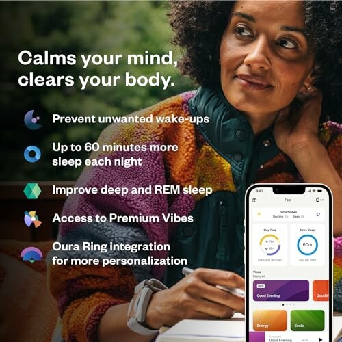 Woman with smartwatch promoting sleep and wellness benefits.