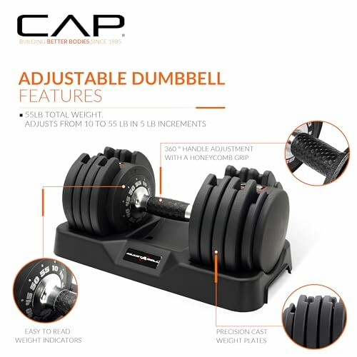 CAP adjustable dumbbell with features highlighted.
