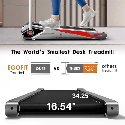 Comparison of compact desk treadmill with another treadmill highlighting size.