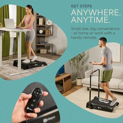 Compact treadmill used under a desk and standalone with a remote control.