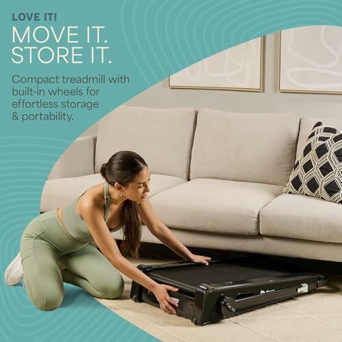 Woman storing a compact treadmill under a sofa.