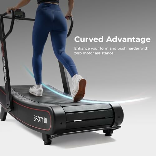 A person running on a curved treadmill with text about enhancing form without motor assistance.