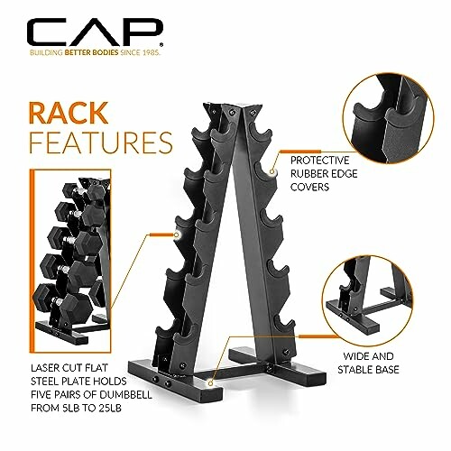 Dumbbell rack with protective rubber edges, stable base, holds 5 pairs of dumbbells from 5lb to 25lb.