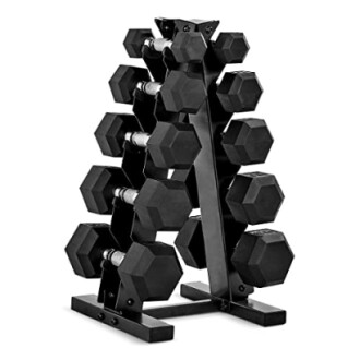 Black dumbbell rack with multiple dumbbells