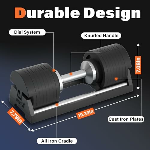 Adjustable dumbbell with dimensions and features labeled.