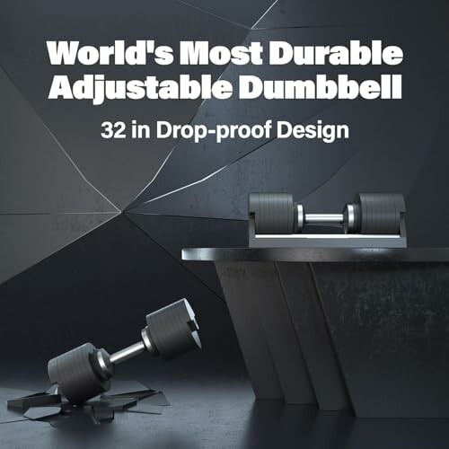 Two adjustable dumbbells in a modern, dark room with text highlighting durability and design.