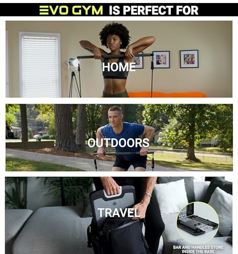 Evo Gym equipment shown used at home, outdoors, and for travel.