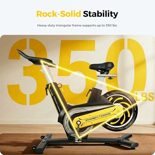 Exercise bike with 350 lbs capacity and triangular frame for stability.