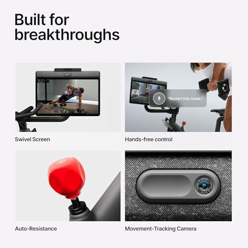 Exercise bike with swivel screen, hands-free control, auto-resistance, and movement-tracking camera.