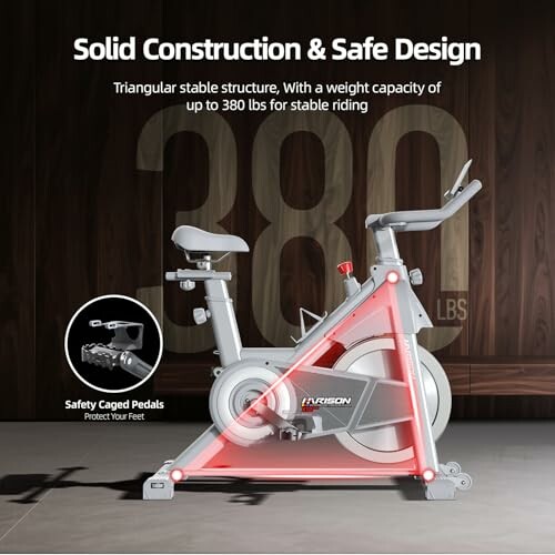 Exercise bike with solid construction and safe design, featuring a triangular stable structure and caged pedals.