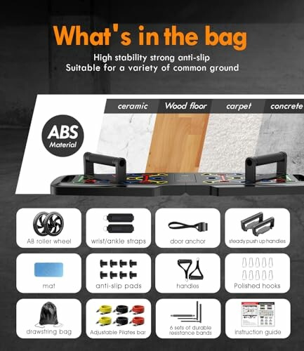 Contents of an exercise equipment package with various accessories and features.