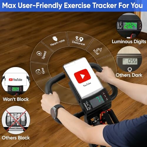 Exercise bike display showing user-friendly tracking features with smartphone holder.