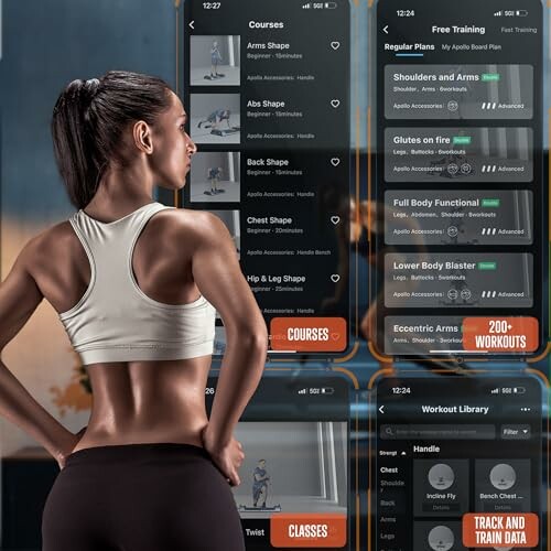 Woman viewing fitness app interface with workout options.