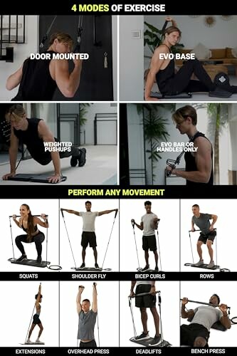 Four exercise modes and various movements demonstrated with equipment.
