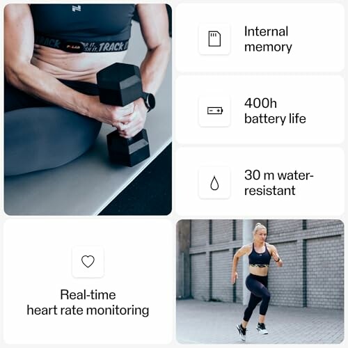 Collage of fitness features and a person exercising.
