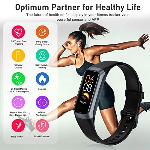 Fitness tracker with health monitoring features displayed alongside a woman running.