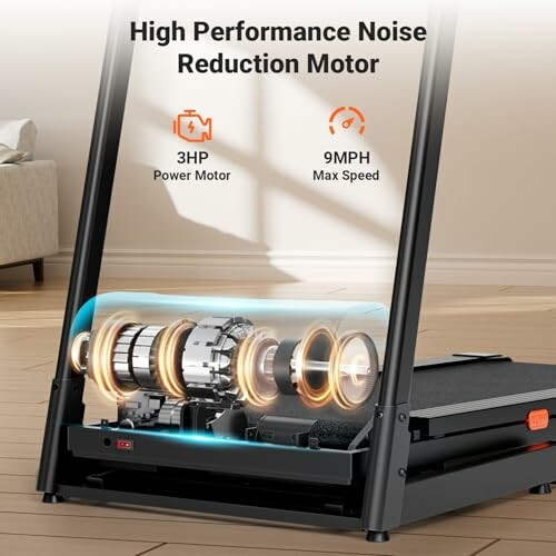 Foldable electric treadmill with high performance noise reduction motor, 3HP power, 9MPH speed.