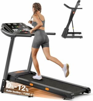 Woman running on foldable treadmill with incline feature