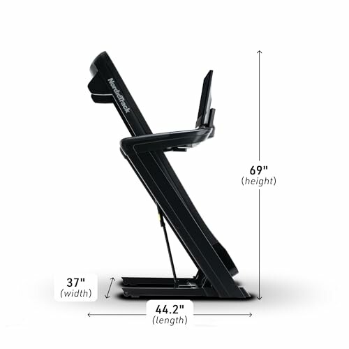 Folded treadmill with dimensions labeled: 69 inches height, 44.2 inches length, 37 inches width.