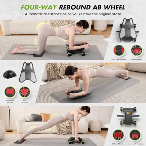 Woman using a four-way rebound ab wheel for exercise in a living room setting.