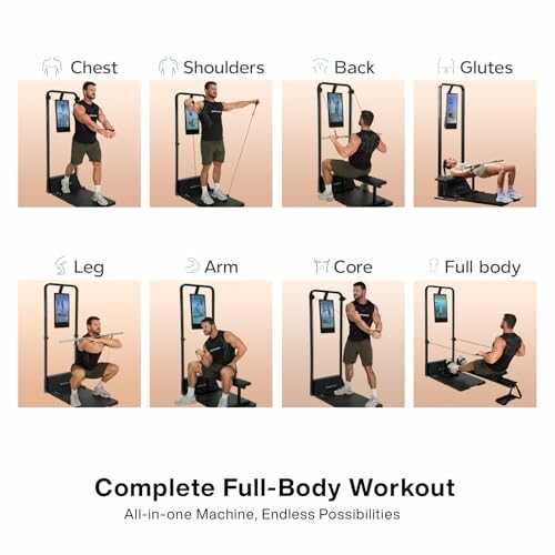 Full-body workout machine exercises for chest, shoulders, back, glutes, legs, arms, core, and full body.