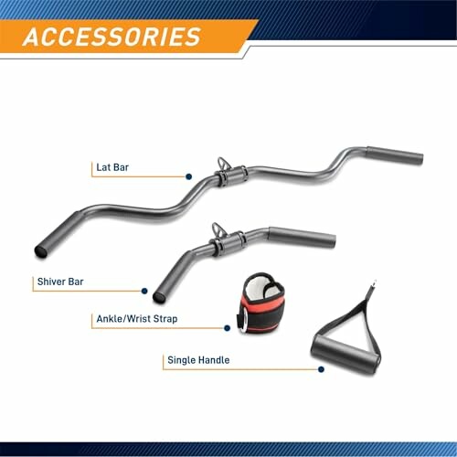 Gym accessories including lat bar, shiver bar, ankle/wrist strap, and single handle.