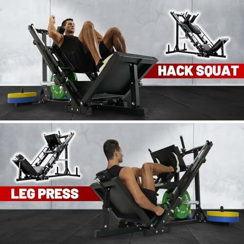 Man using gym equipment for hack squat and leg press exercises.