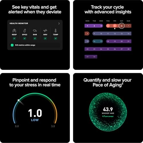 Health app features: vital signs, cycle tracking, stress response, aging pace
