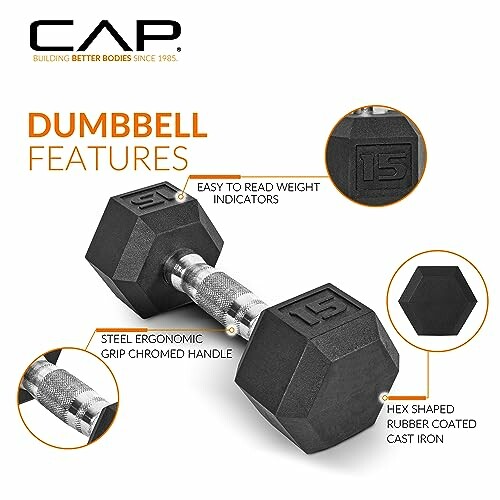 Hex dumbbell with features highlighted, including grip and weight indicators